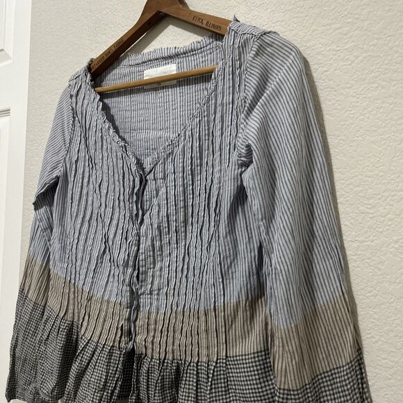 Khadi and Co. Bess Nielsen Blouse Stripe Medium Brown Blue - Picture 2 of 16